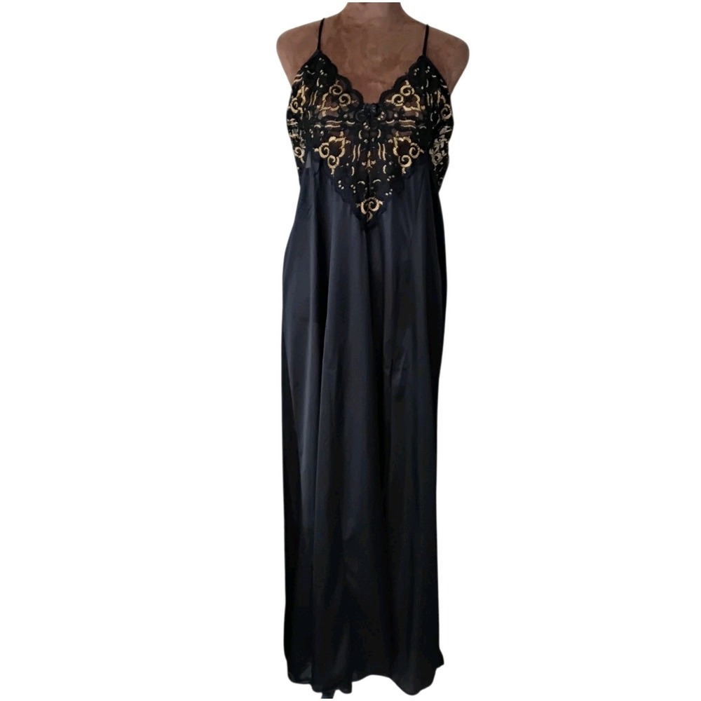 Vintage Nightgown Soft Moments New York Large Black Gold Lace Bow Whimsigoth‎